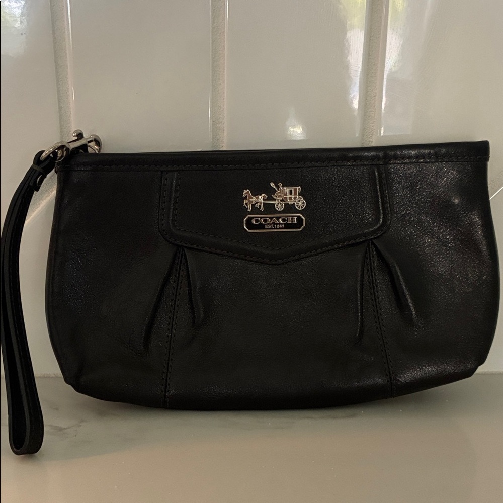 Coach Black Leather Wristlet with Silver Horse & Carriage Emblem